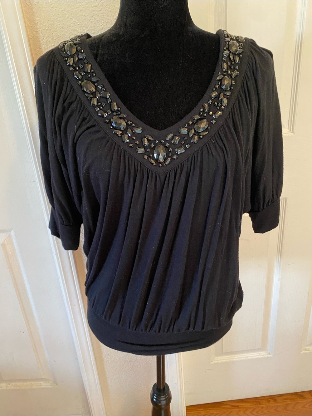 Black Embellished V-Neck Women's Top